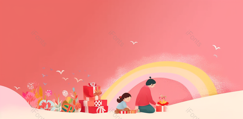 彩虹礼物母女粉色插画温情时刻母亲节活动展板设计展板背景,插画/手绘图,插画/手绘图库,插画/手绘图下载,插画/手绘
